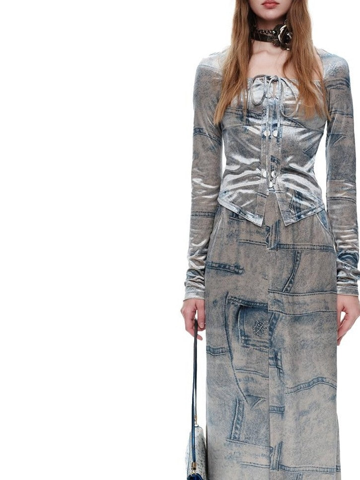 NextPassport MOF Silver Gray Faux Denim Velvet Chic Women's Faux Denim Velvet Matching Skirt Sets