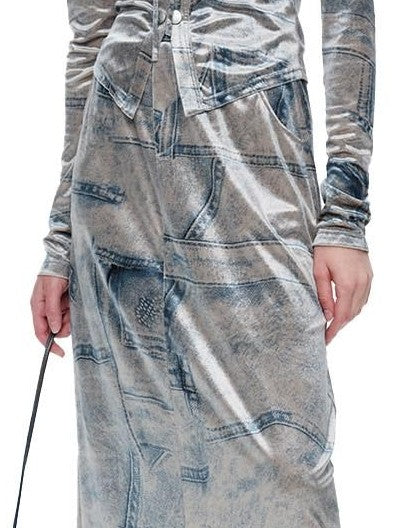 NextPassport MOF Silver Gray Faux Denim Velvet Chic Women's Faux Denim Velvet Matching Skirt Sets