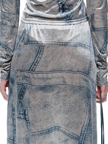 NextPassport MOF Silver Gray Faux Denim Velvet Chic Women's Faux Denim Velvet Matching Skirt Sets