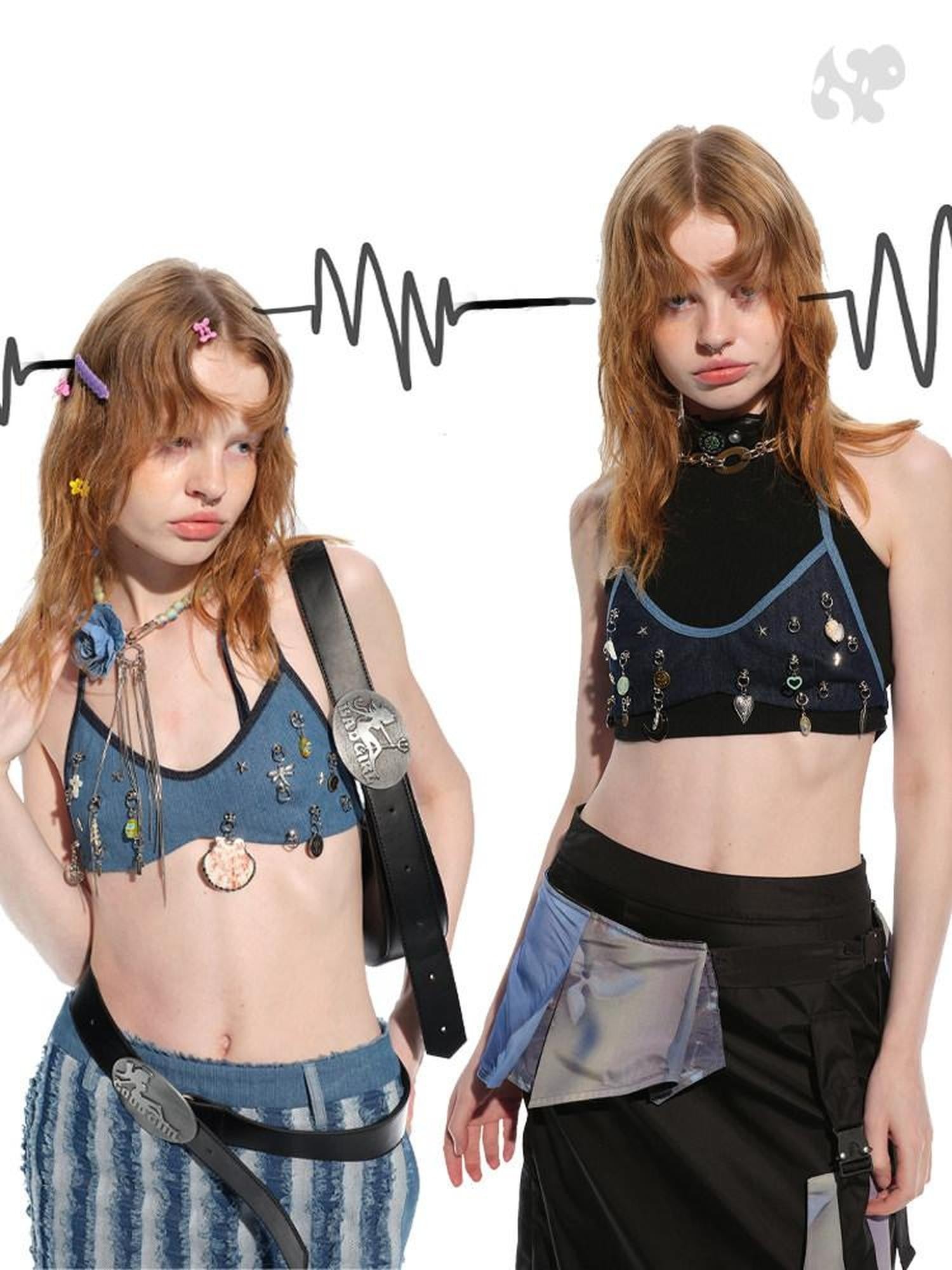 NextPassport MOF Star Moon Ocean Two Tone Bikini Style Cropped Slim Women's Denim Tie Camisoles