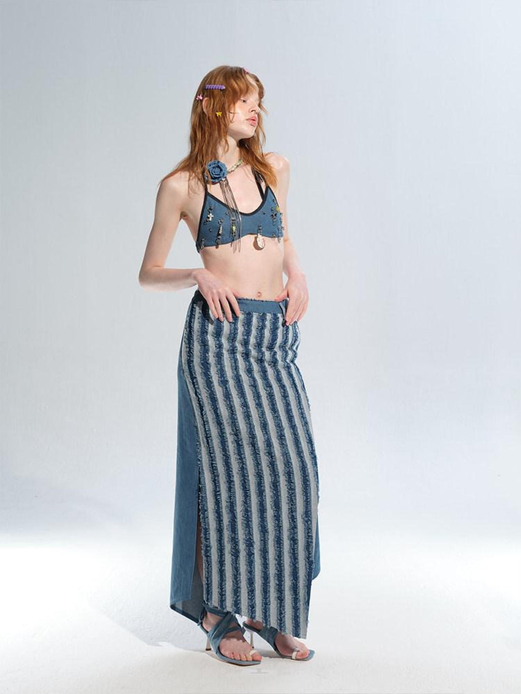 NextPassport MOF Star Moon Ocean Two Tone Bikini Style Cropped Slim Women's Denim Tie Camisoles