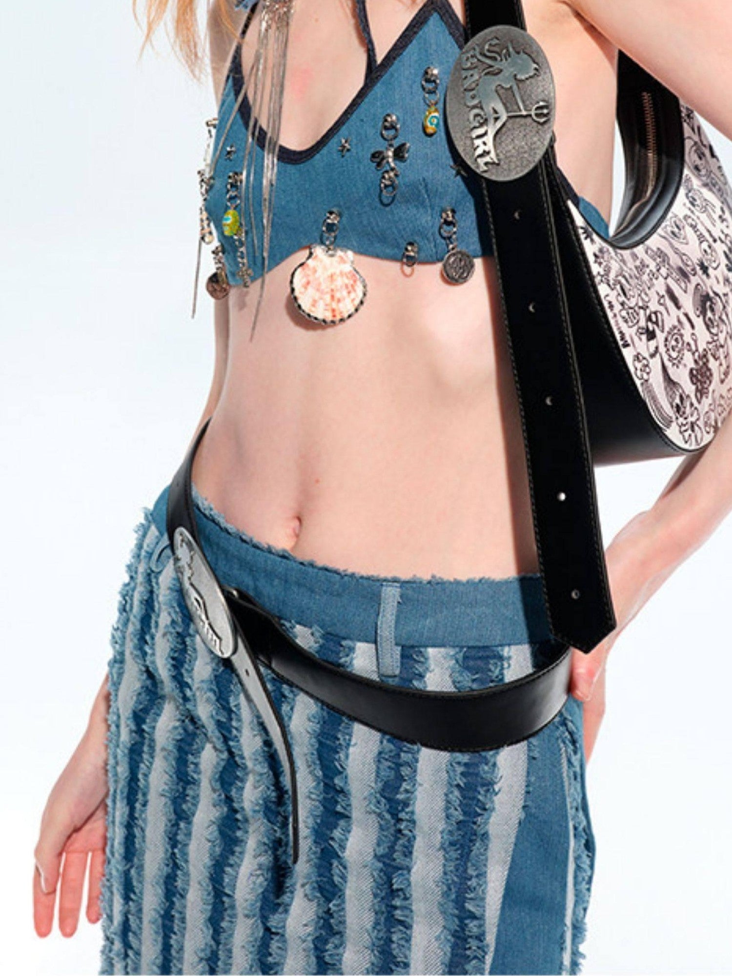 NextPassport MOF Star Moon Ocean Two Tone Bikini Style Cropped Slim Women's Denim Tie Camisoles