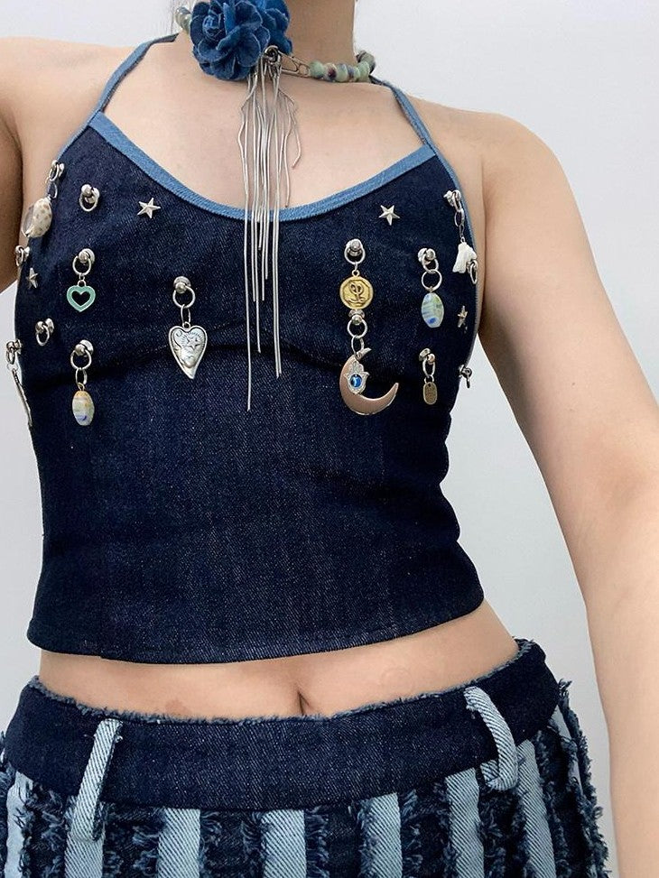 NextPassport MOF Star Moon Ocean Two Tone Bikini Style Cropped Slim Women's Denim Tie Camisoles