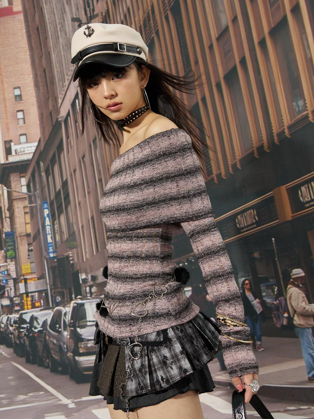 NextPassport MOF Striped Two Tone Side Slit Slim Fit Women's Polyester Off-shoulder Sweaters