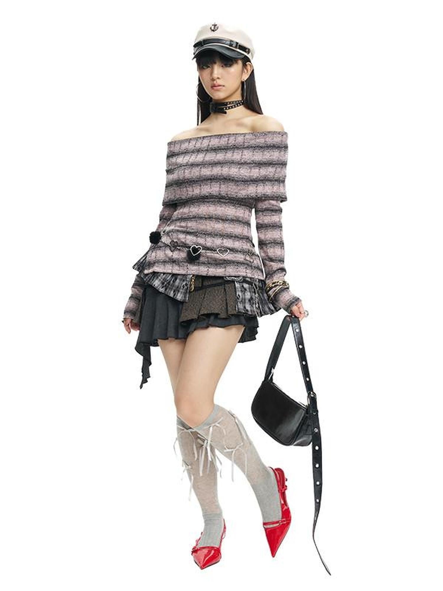 NextPassport MOF Striped Two Tone Side Slit Slim Fit Women's Polyester Off-shoulder Sweaters