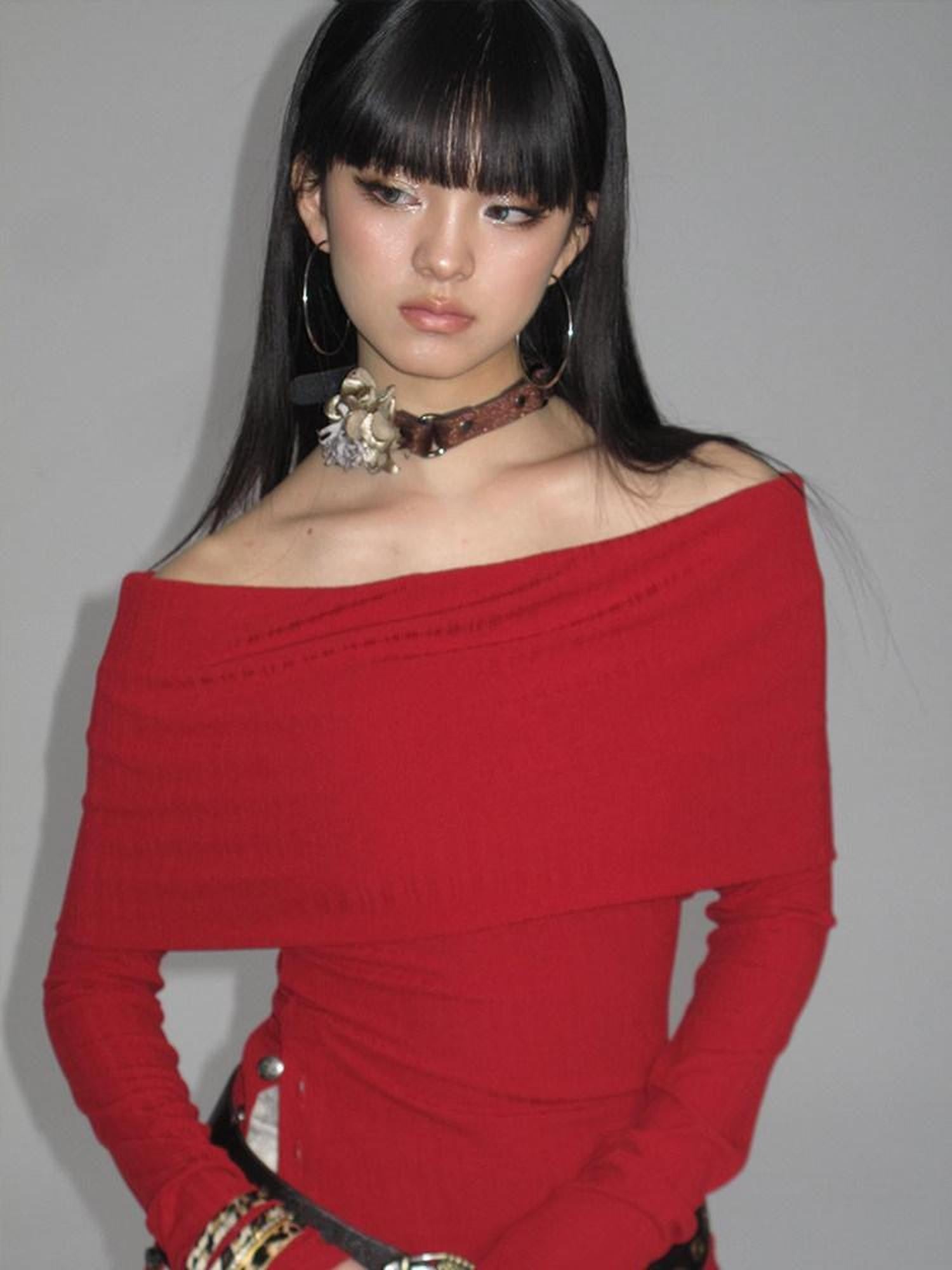 NextPassport MOF Striped Two Tone Side Slit Slim Fit Women's Polyester Off-shoulder Sweaters