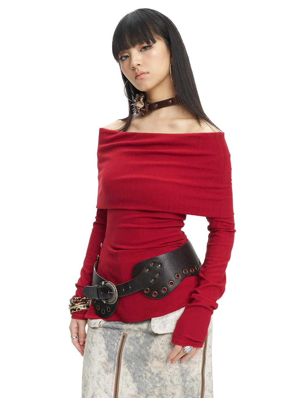 NextPassport MOF Striped Two Tone Side Slit Slim Fit Women's Polyester Off-shoulder Sweaters