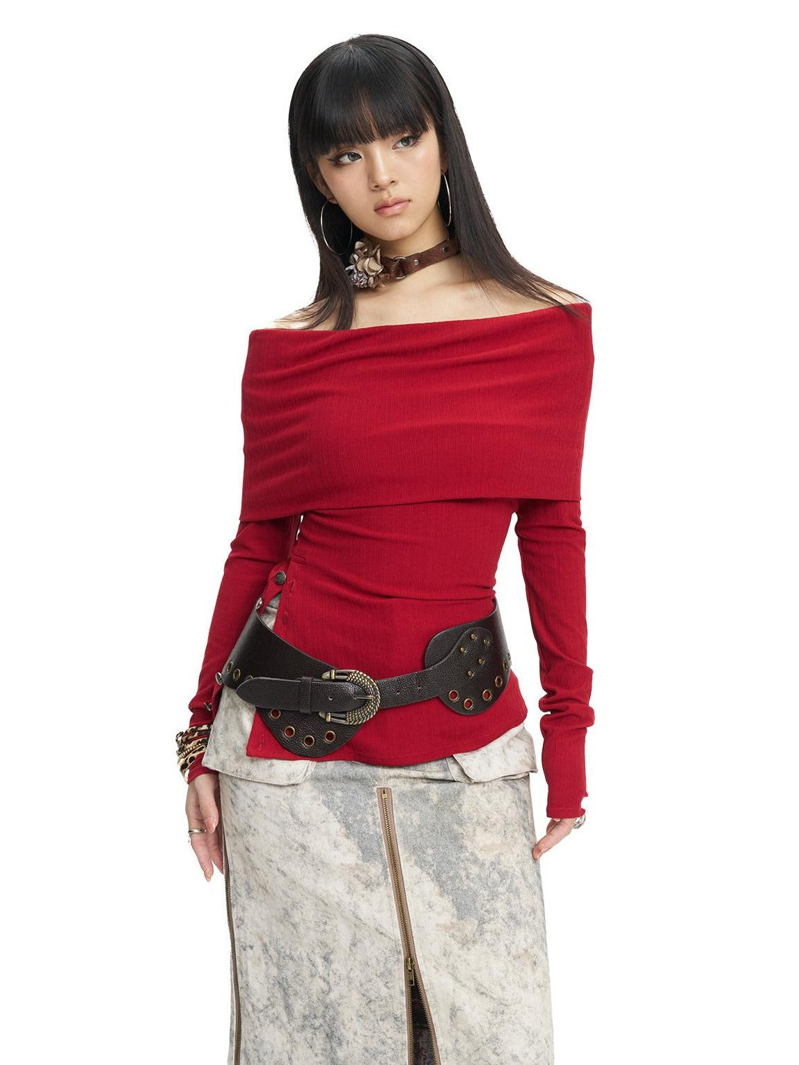 NextPassport MOF Striped Two Tone Side Slit Slim Fit Women's Polyester Off-shoulder Sweaters