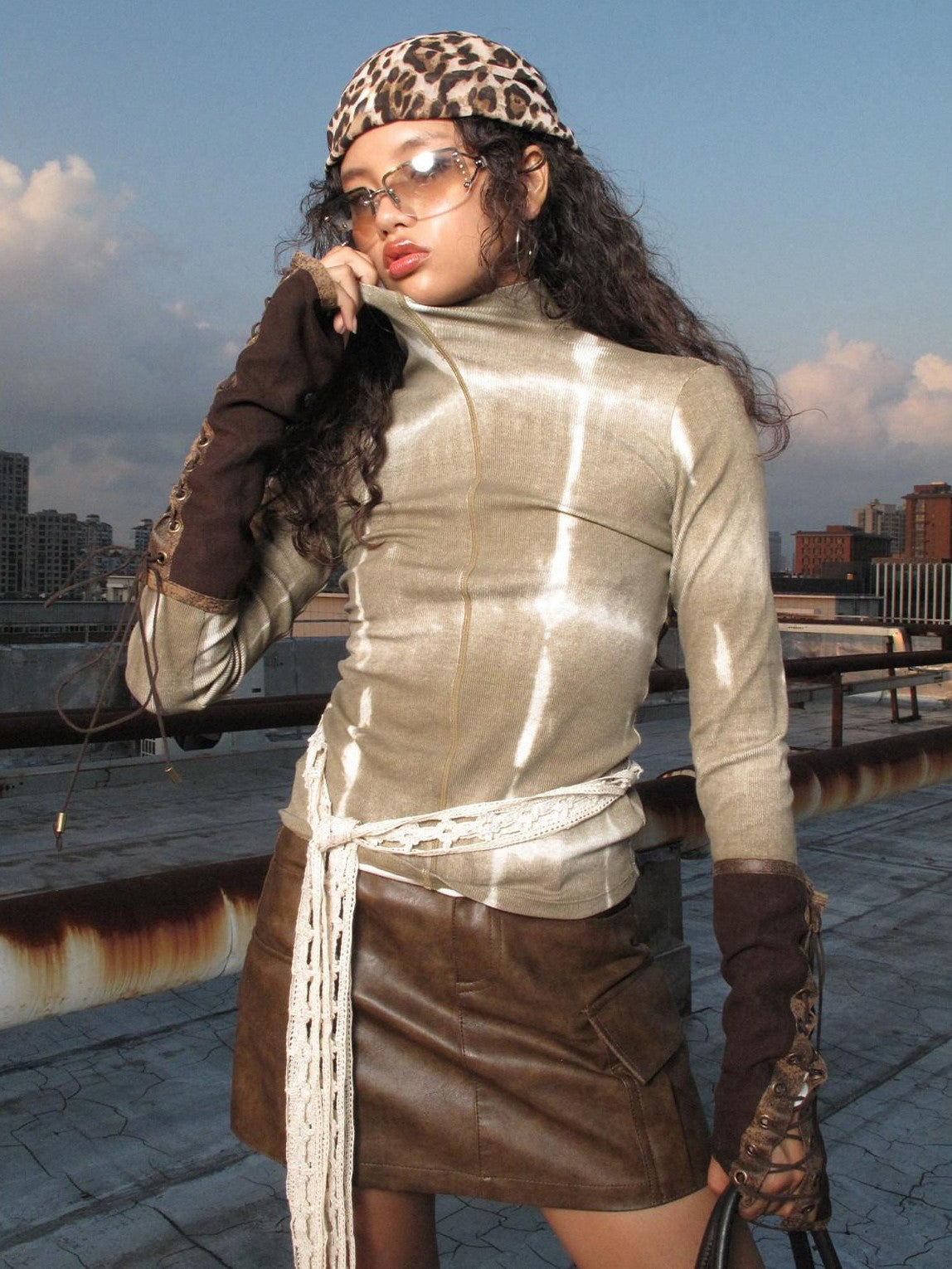 NextPassport MOF Tie Dye Turn Down Collar Slim Fit Women's Cotton Blend Long Sleeve T-shirts