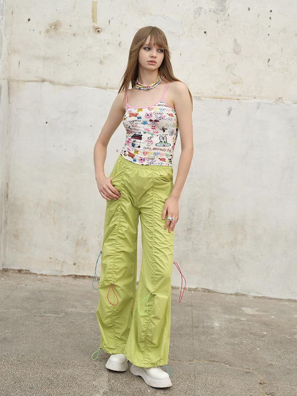 NextPassport MOF Tricolor Drawstring Tie Waist Shirred Pleats Pockets Women's Wide-leg Pants