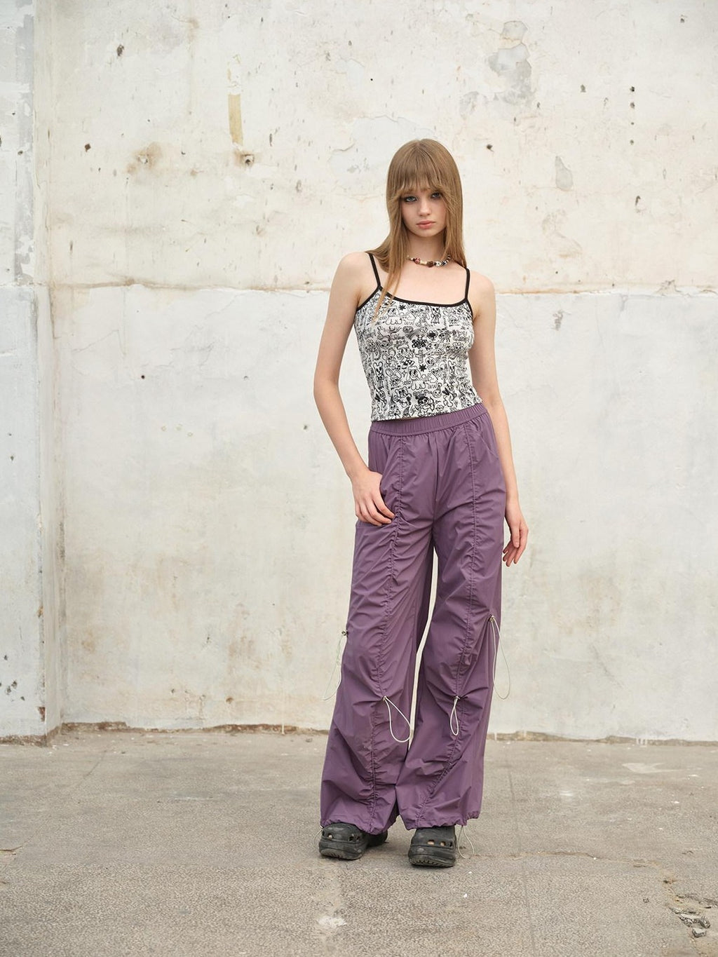 NextPassport MOF Tricolor Drawstring Tie Waist Shirred Pleats Pockets Women's Wide-leg Pants