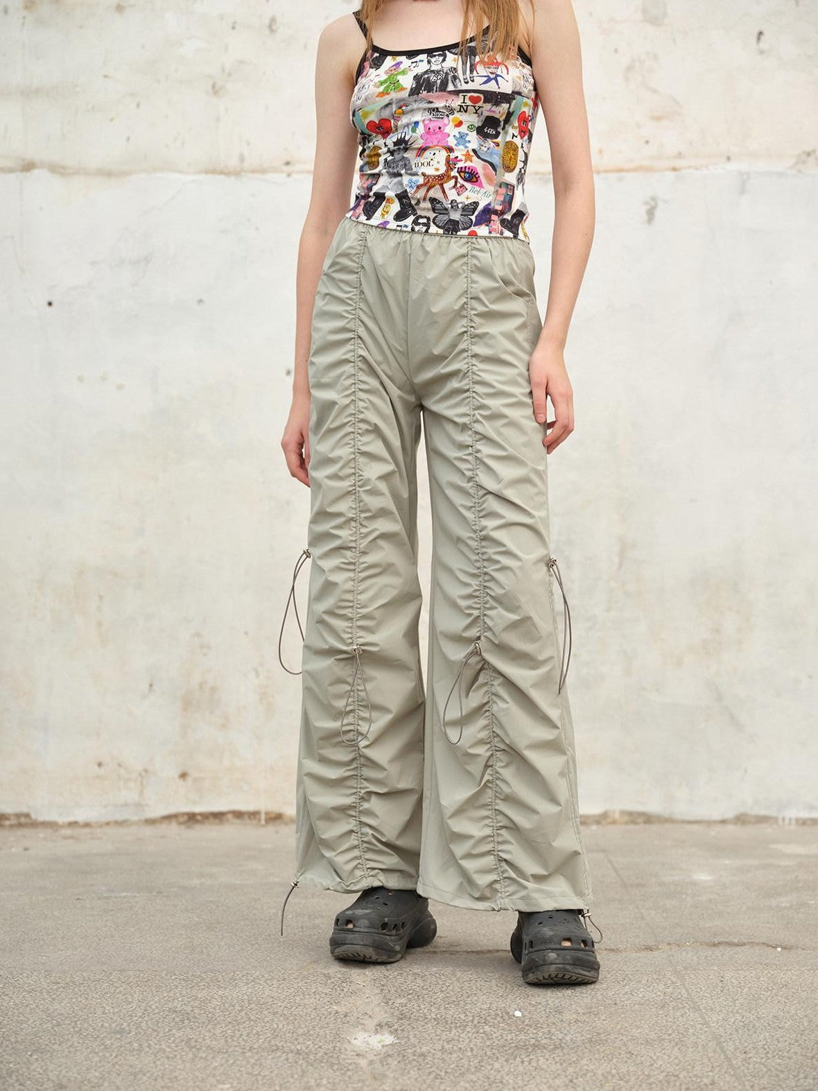 NextPassport MOF Tricolor Drawstring Tie Waist Shirred Pleats Pockets Women's Wide-leg Pants