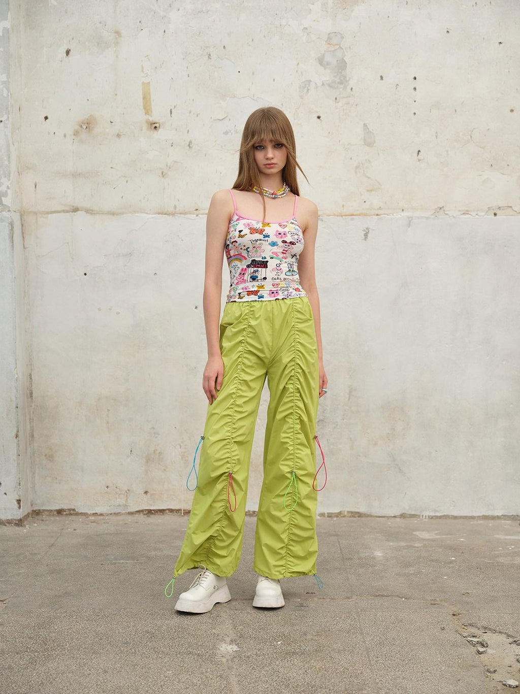 NextPassport MOF Tricolor Drawstring Tie Waist Shirred Pleats Pockets Women's Wide-leg Pants