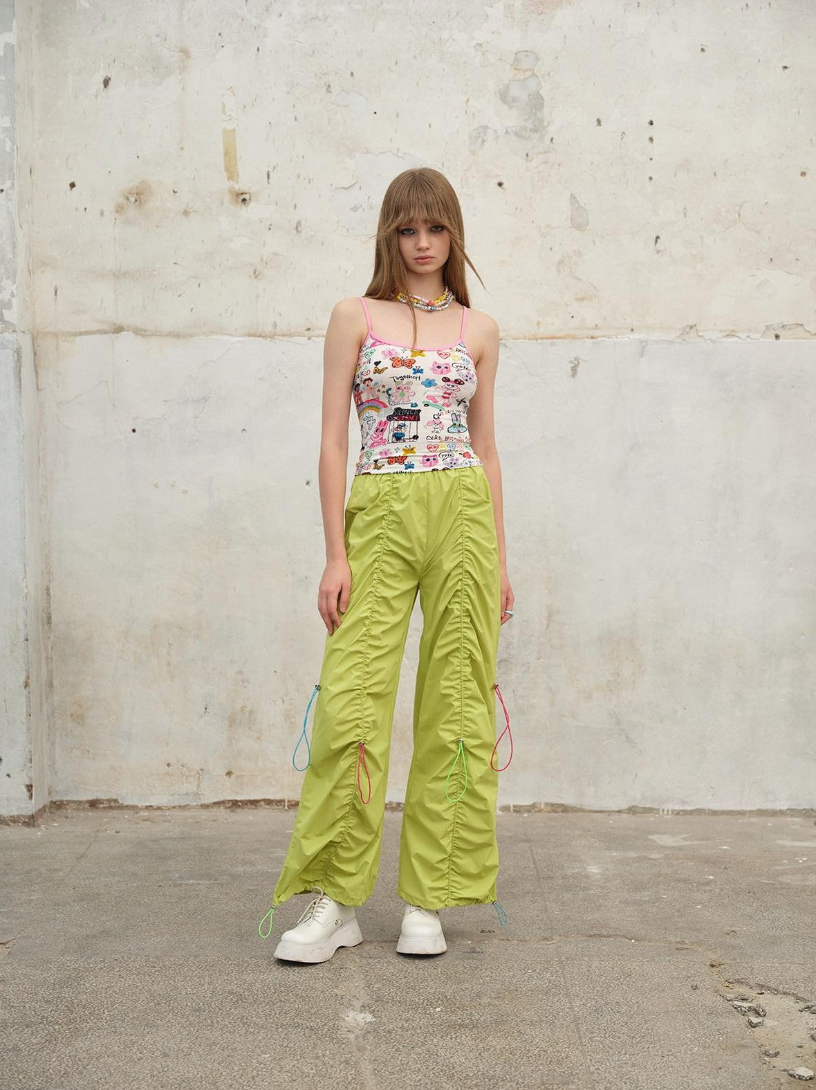 NextPassport MOF Tricolor Drawstring Tie Waist Shirred Pleats Pockets Women's Wide-leg Pants