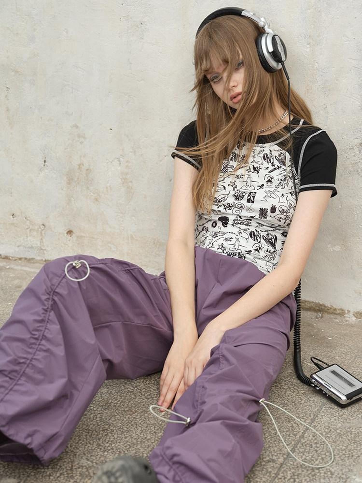 NextPassport MOF Tricolor Drawstring Tie Waist Shirred Pleats Pockets Women's Wide-leg Pants