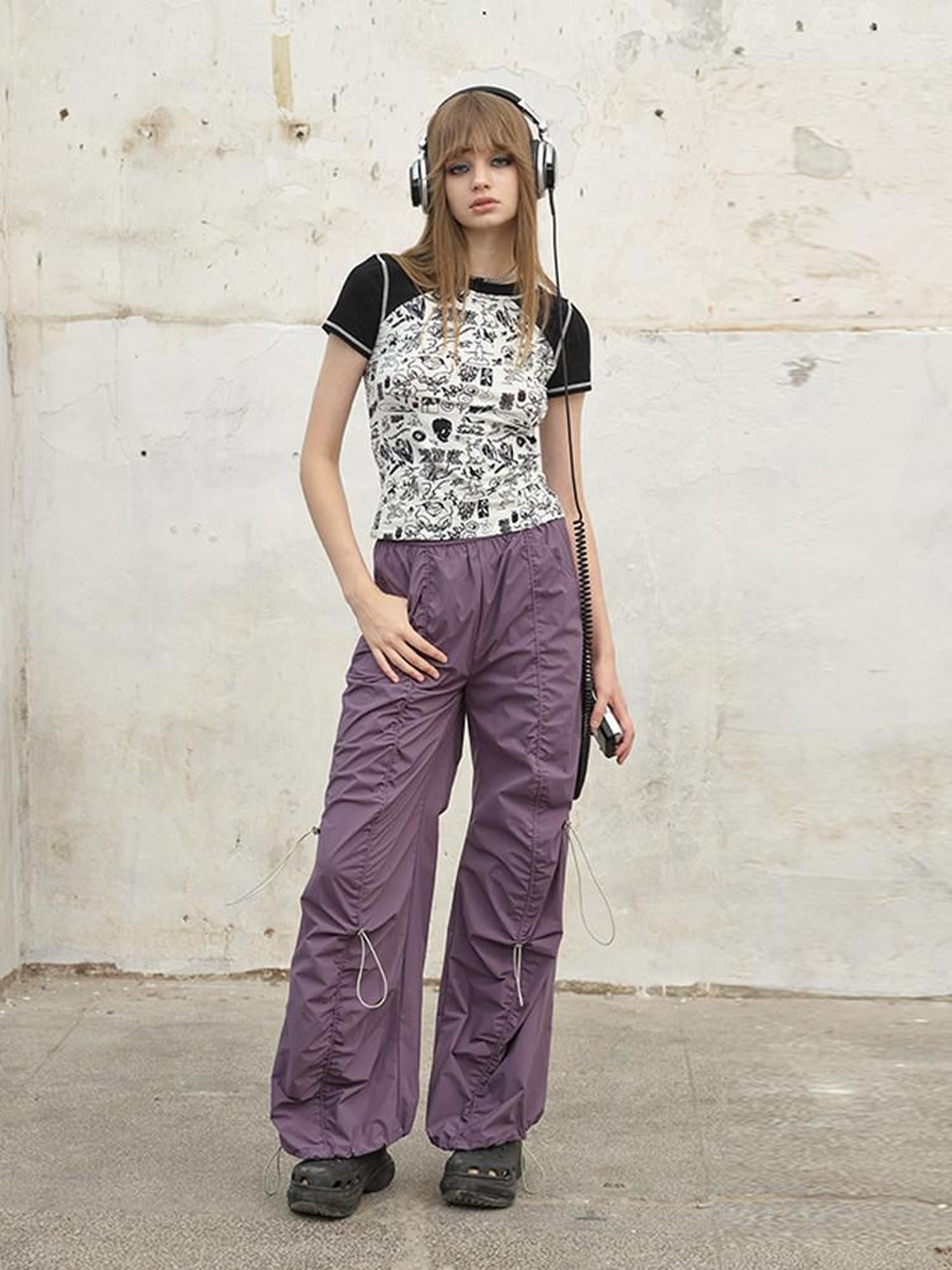 NextPassport MOF Tricolor Drawstring Tie Waist Shirred Pleats Pockets Women's Wide-leg Pants