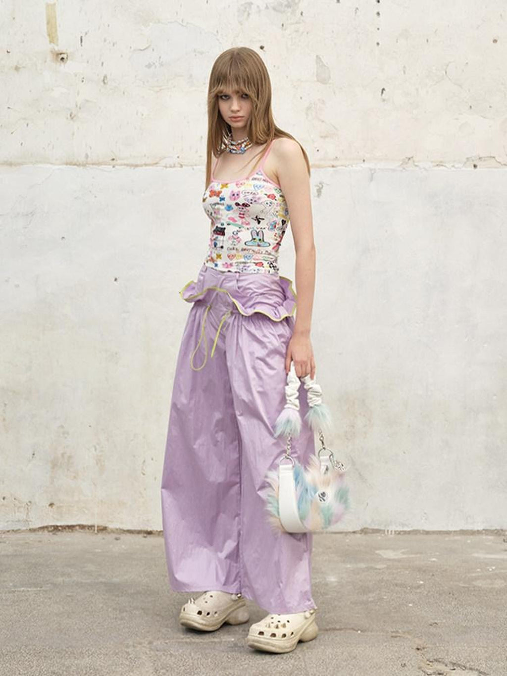 NextPassport MOF Two Tone Contrast Stripe Ruffle Drawstring High Waist Women's Wide-leg Pants