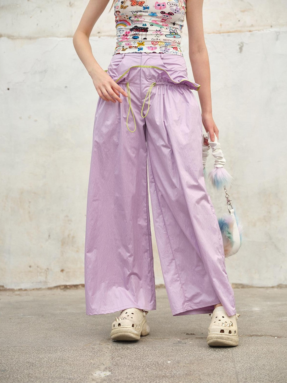 NextPassport MOF Two Tone Contrast Stripe Ruffle Drawstring High Waist Women's Wide-leg Pants