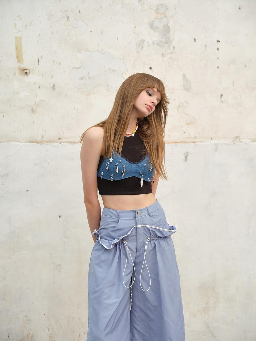 NextPassport MOF Two Tone Contrast Stripe Ruffle Drawstring High Waist Women's Wide-leg Pants
