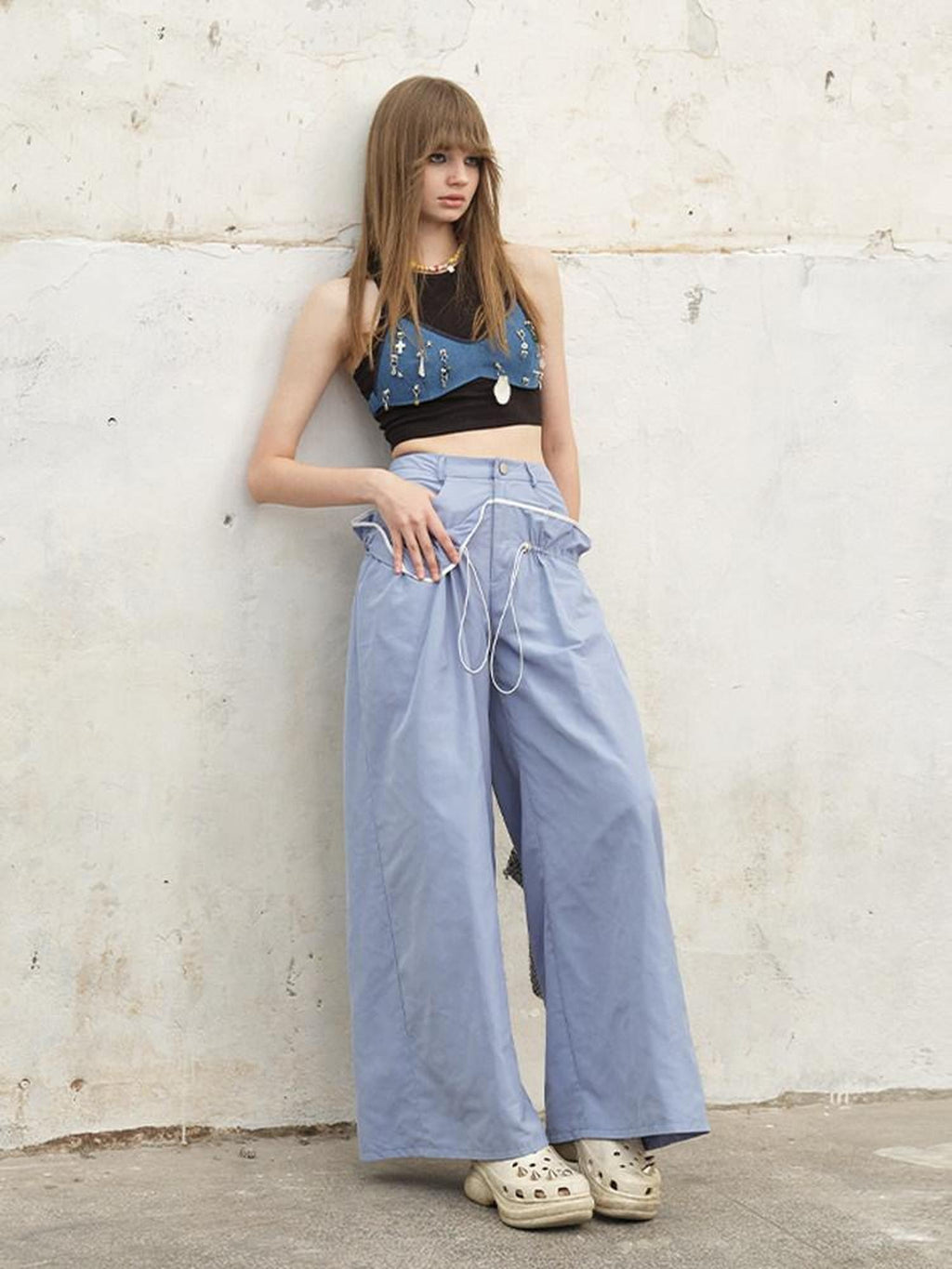 NextPassport MOF Two Tone Contrast Stripe Ruffle Drawstring High Waist Women's Wide-leg Pants