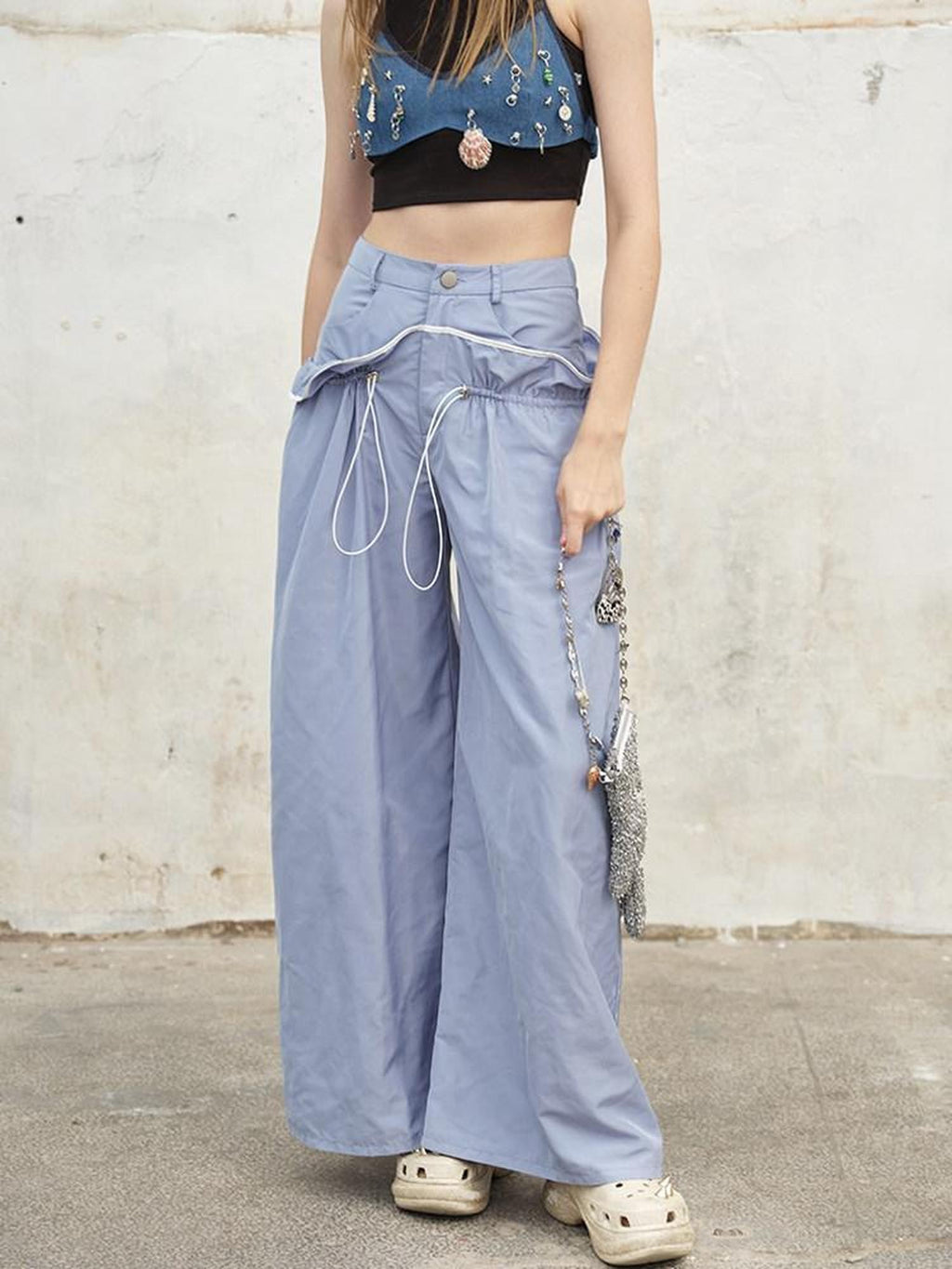 NextPassport MOF Two Tone Contrast Stripe Ruffle Drawstring High Waist Women's Wide-leg Pants