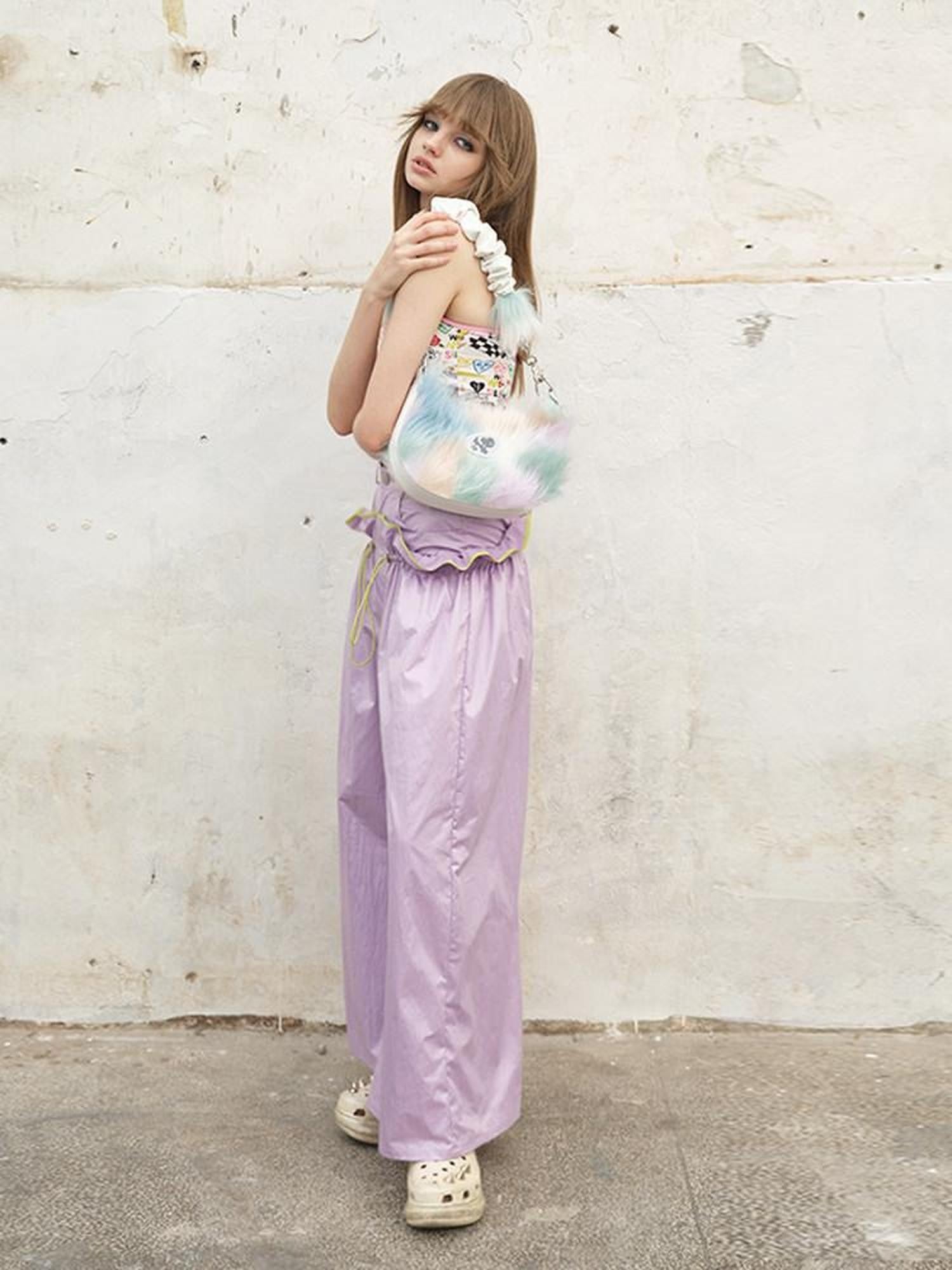 NextPassport MOF Two Tone Contrast Stripe Ruffle Drawstring High Waist Women's Wide-leg Pants