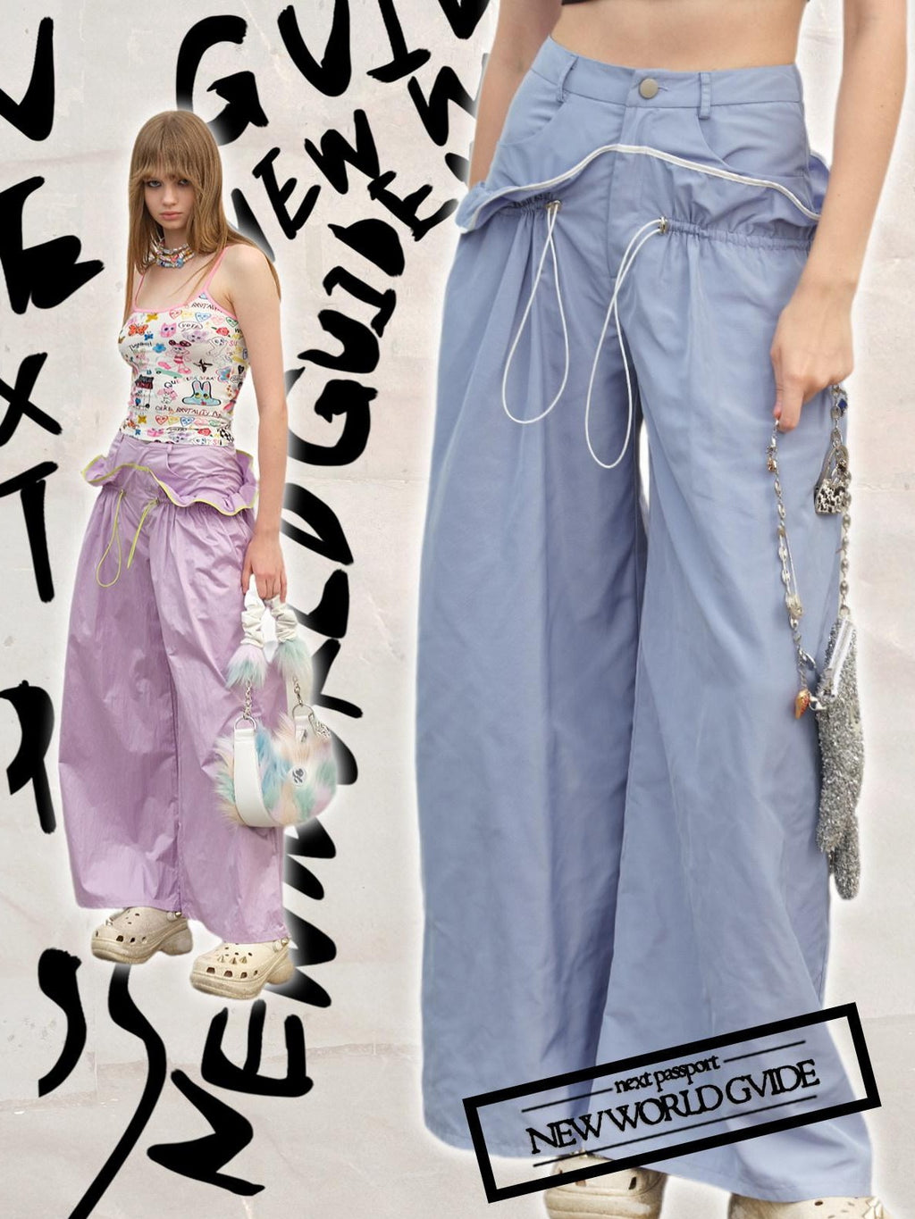 NextPassport MOF Two Tone Contrast Stripe Ruffle Drawstring High Waist Women's Wide-leg Pants
