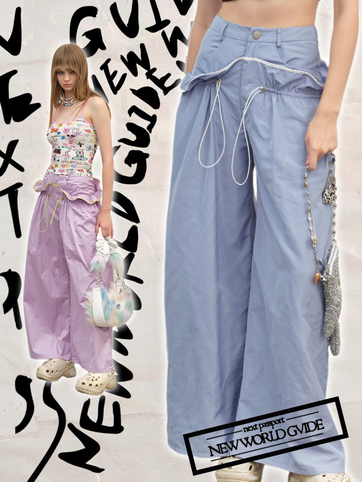 NextPassport MOF Two Tone Contrast Stripe Ruffle Drawstring High Waist Women's Wide-leg Pants