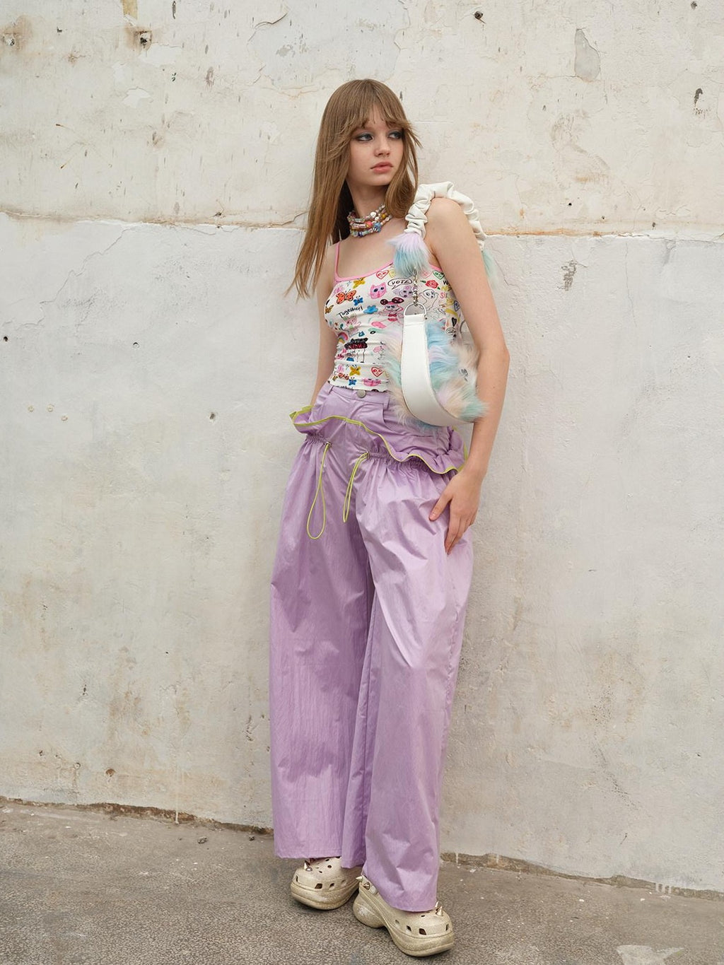 NextPassport MOF Two Tone Contrast Stripe Ruffle Drawstring High Waist Women's Wide-leg Pants