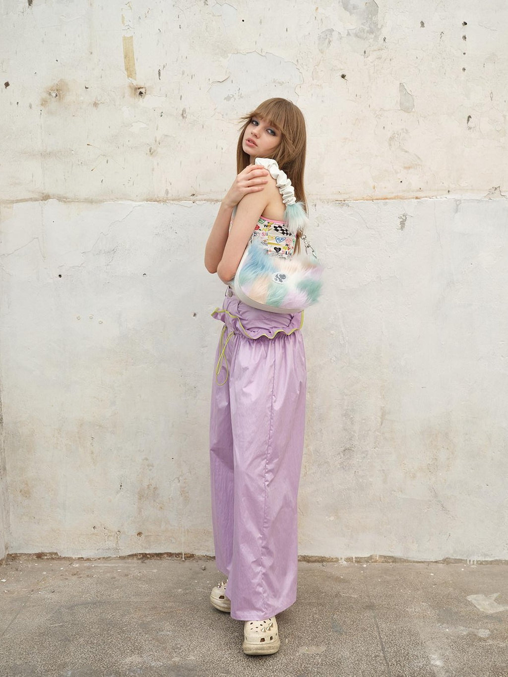 NextPassport MOF Two Tone Contrast Stripe Ruffle Drawstring High Waist Women's Wide-leg Pants