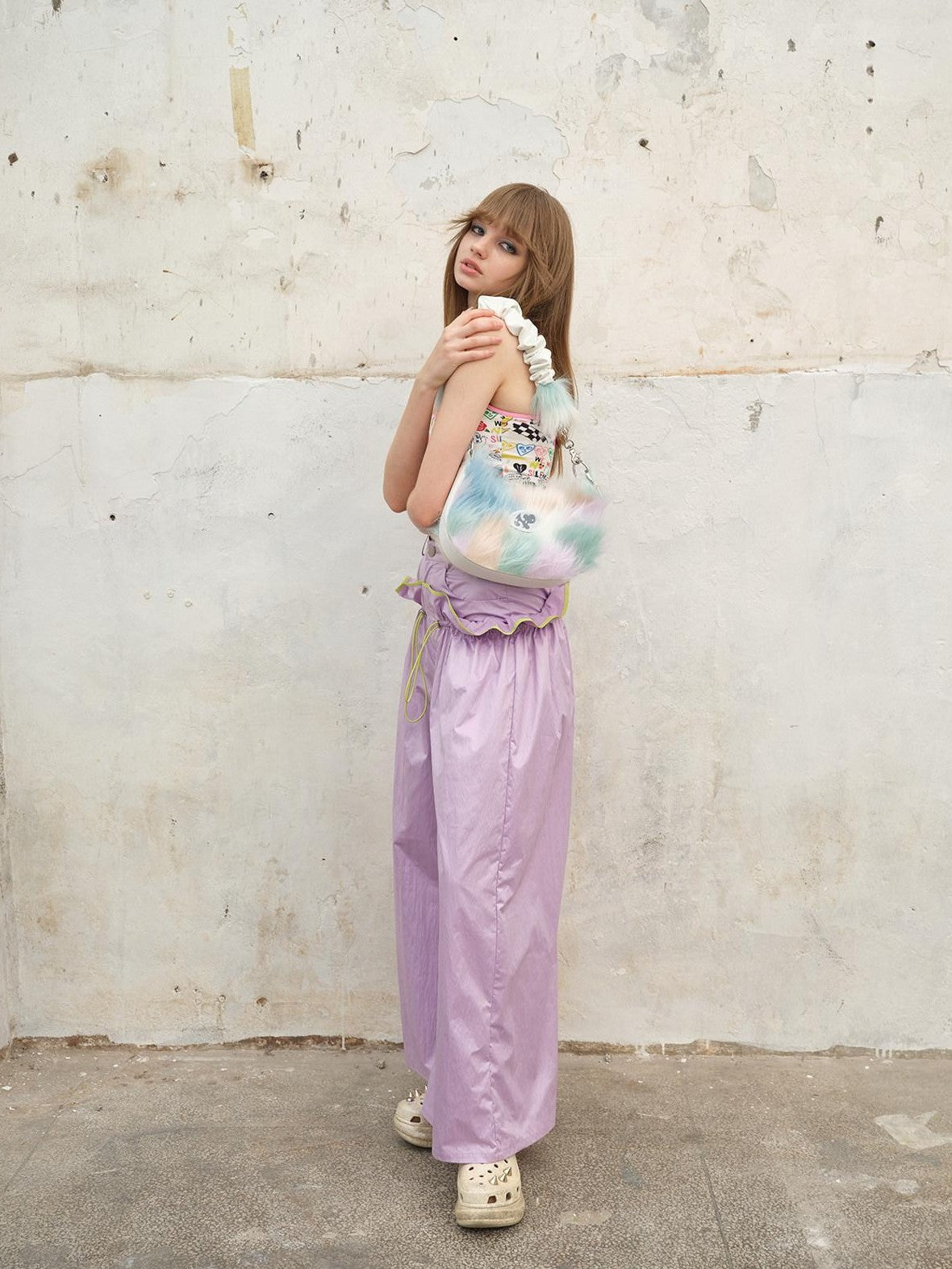 NextPassport MOF Two Tone Contrast Stripe Ruffle Drawstring High Waist Women's Wide-leg Pants