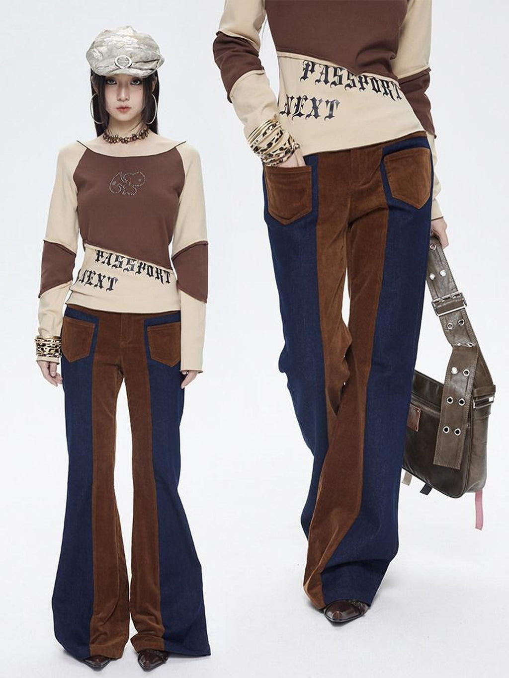 NextPassport MOF Two Tone Corduroy Splice Low Rise Women's Cotton Stretch Flare Jeans