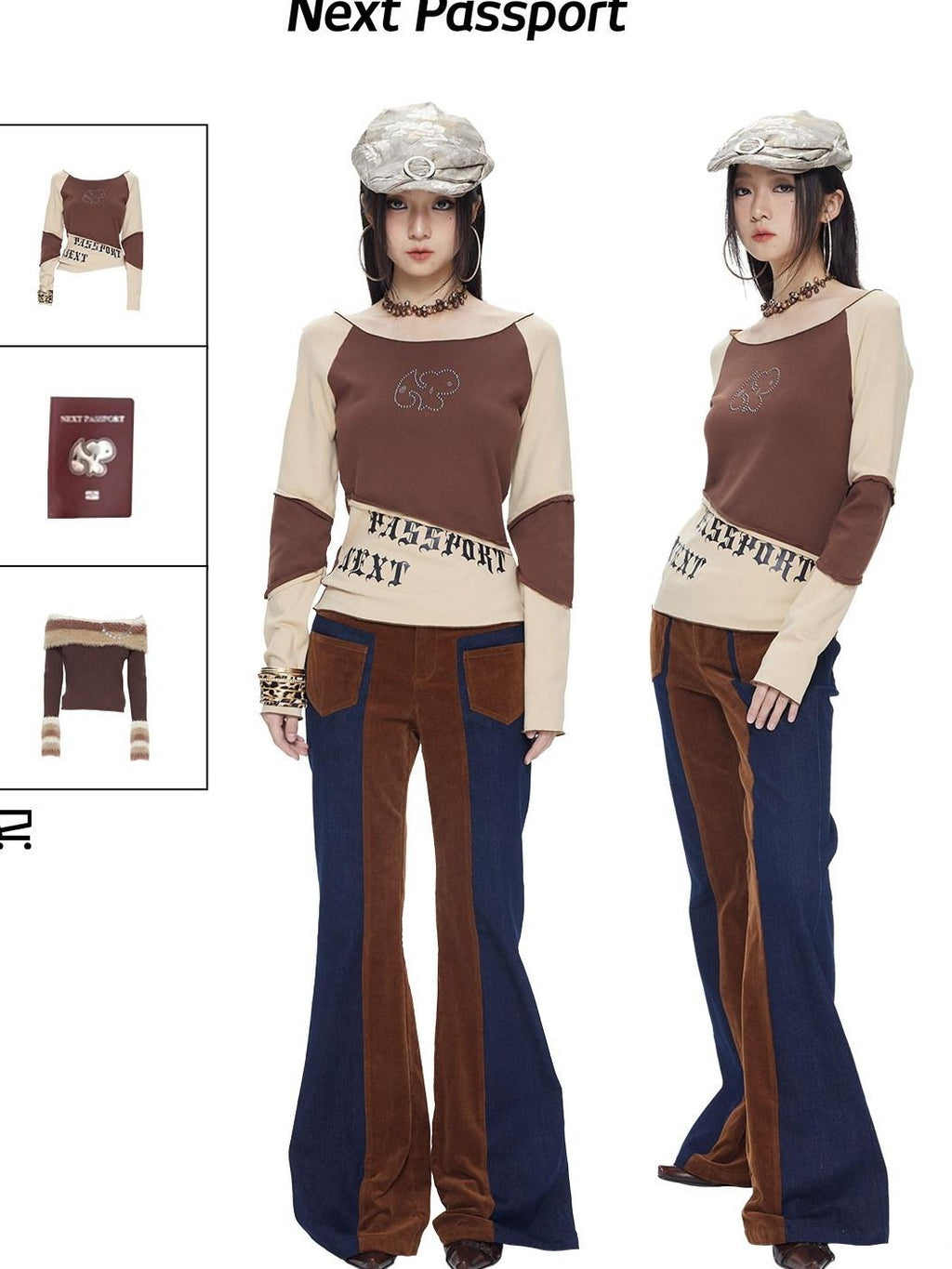 NextPassport MOF Two Tone Corduroy Splice Low Rise Women's Cotton Stretch Flare Jeans
