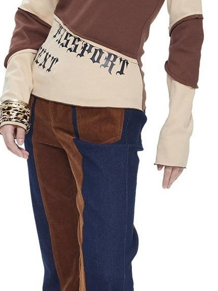 NextPassport MOF Two Tone Corduroy Splice Low Rise Women's Cotton Stretch Flare Jeans