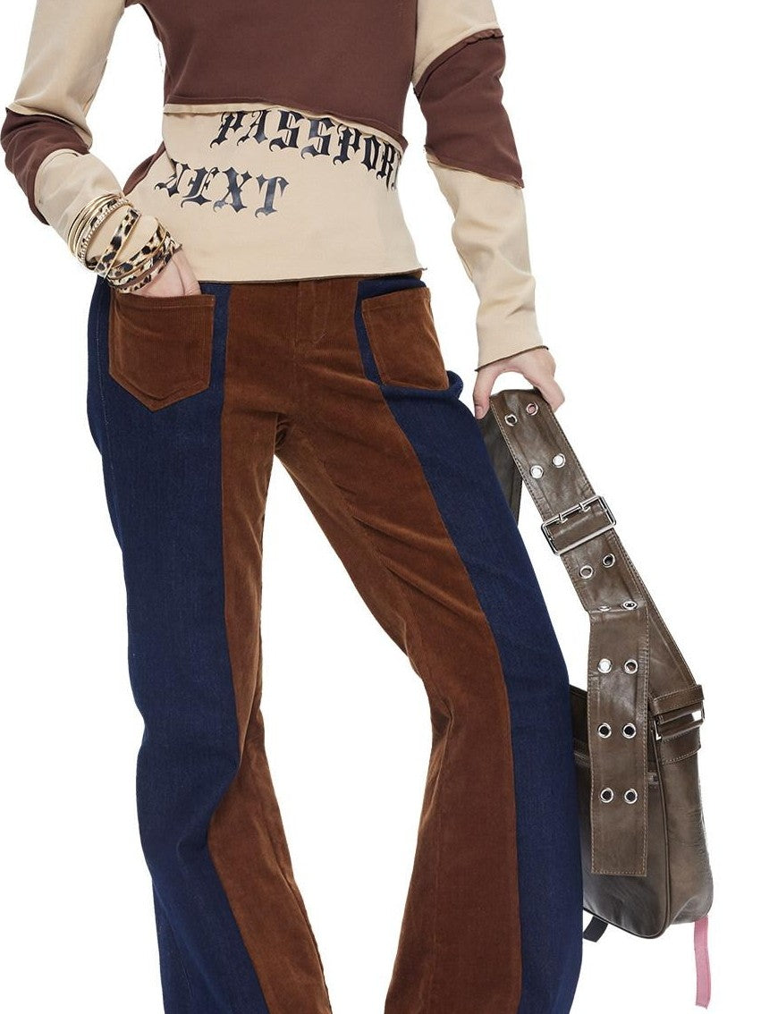 NextPassport MOF Two Tone Corduroy Splice Low Rise Women's Cotton Stretch Flare Jeans