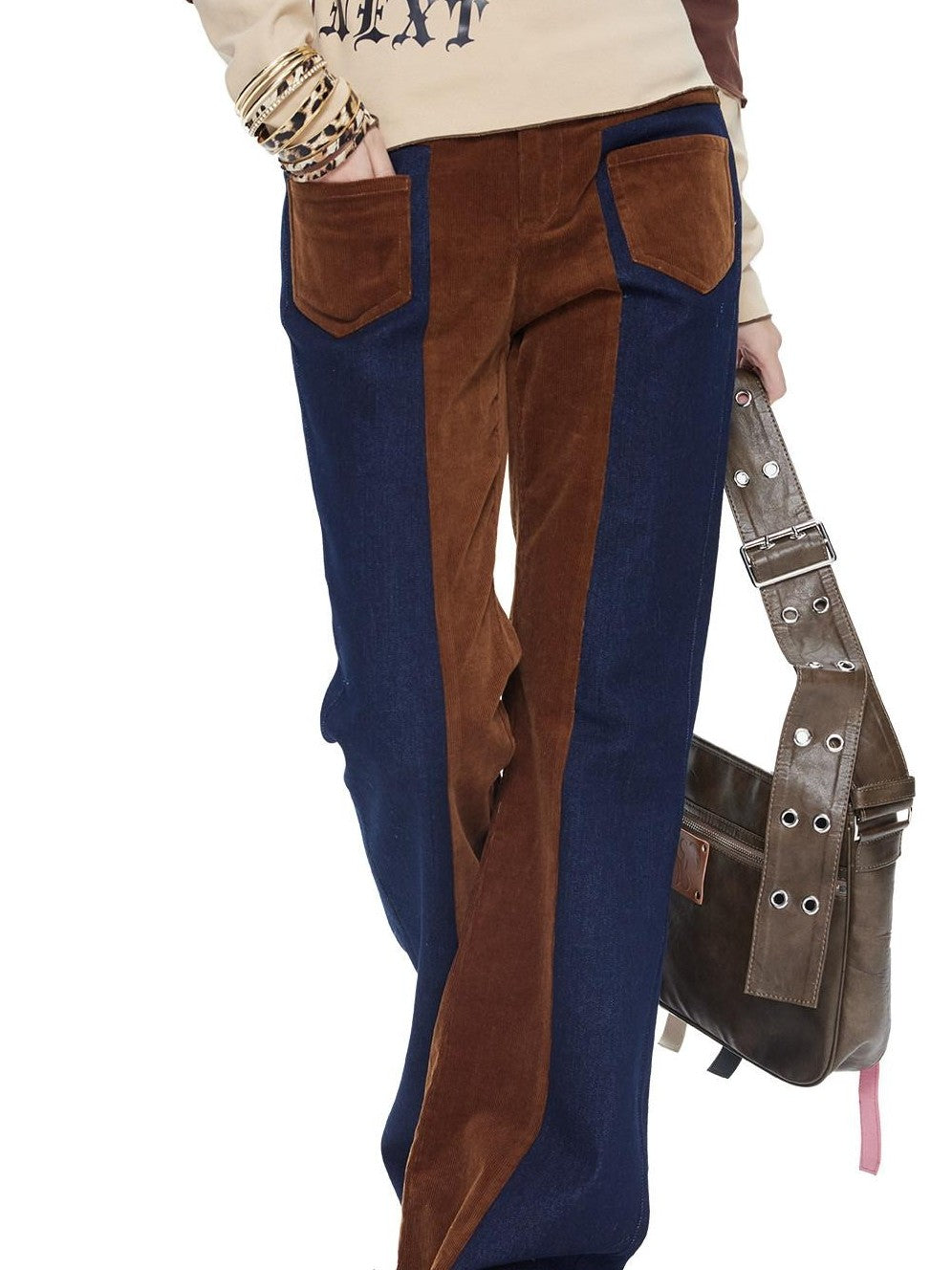 NextPassport MOF Two Tone Corduroy Splice Low Rise Women's Cotton Stretch Flare Jeans