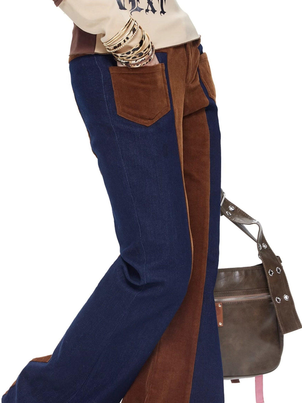 NextPassport MOF Two Tone Corduroy Splice Low Rise Women's Cotton Stretch Flare Jeans