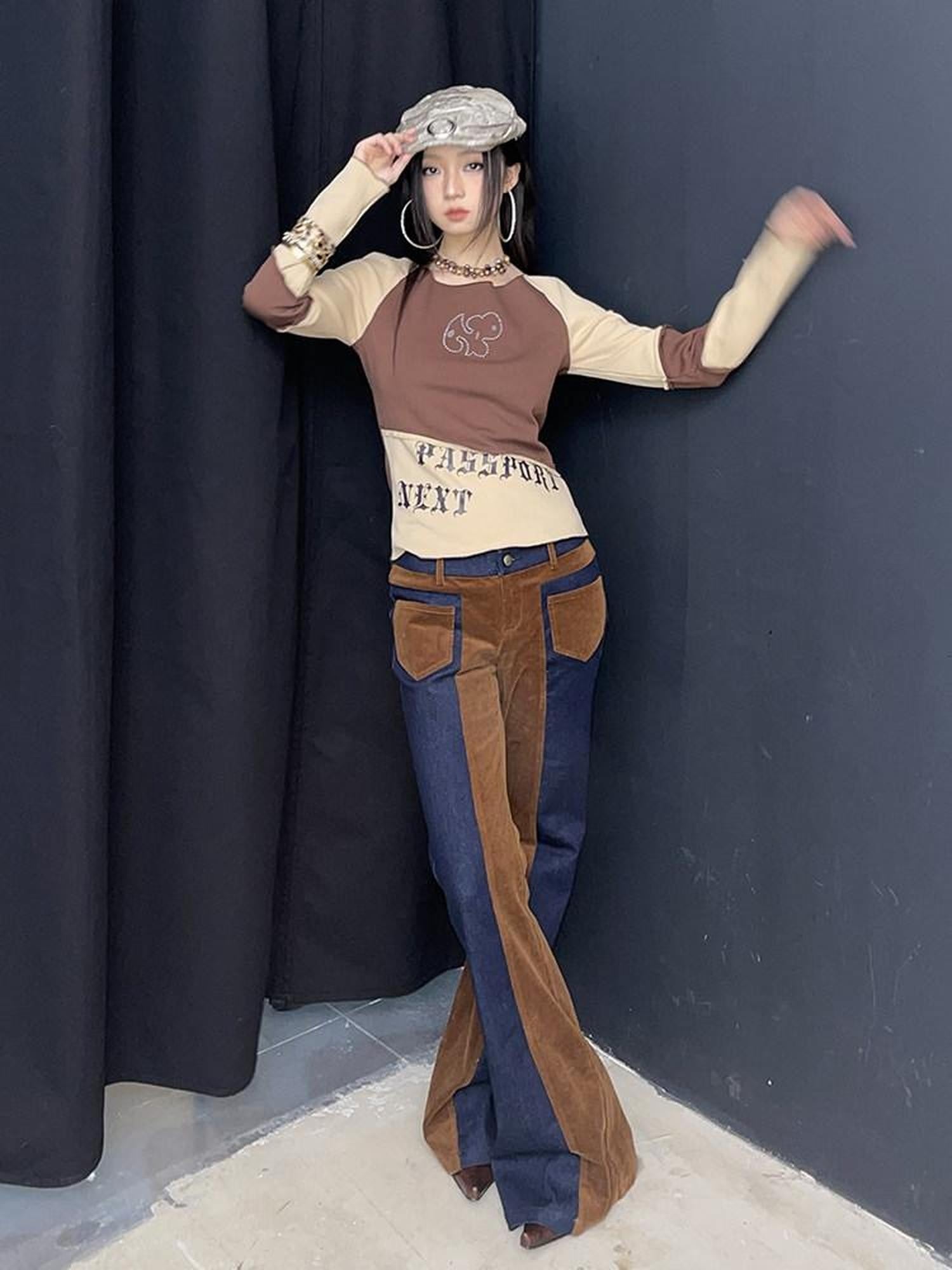 NextPassport MOF Two Tone Corduroy Splice Low Rise Women's Cotton Stretch Flare Jeans