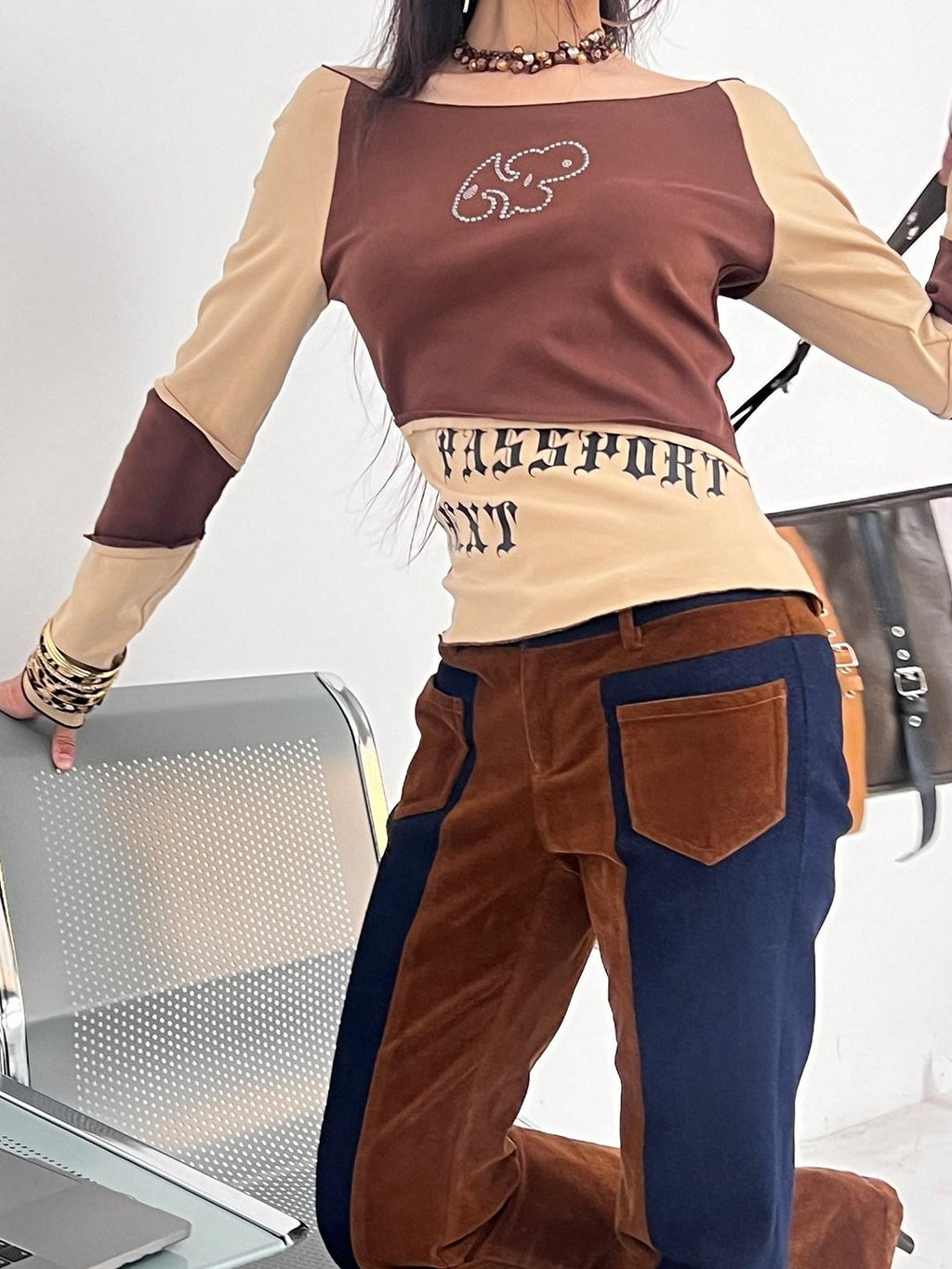 NextPassport MOF Two Tone Corduroy Splice Low Rise Women's Cotton Stretch Flare Jeans