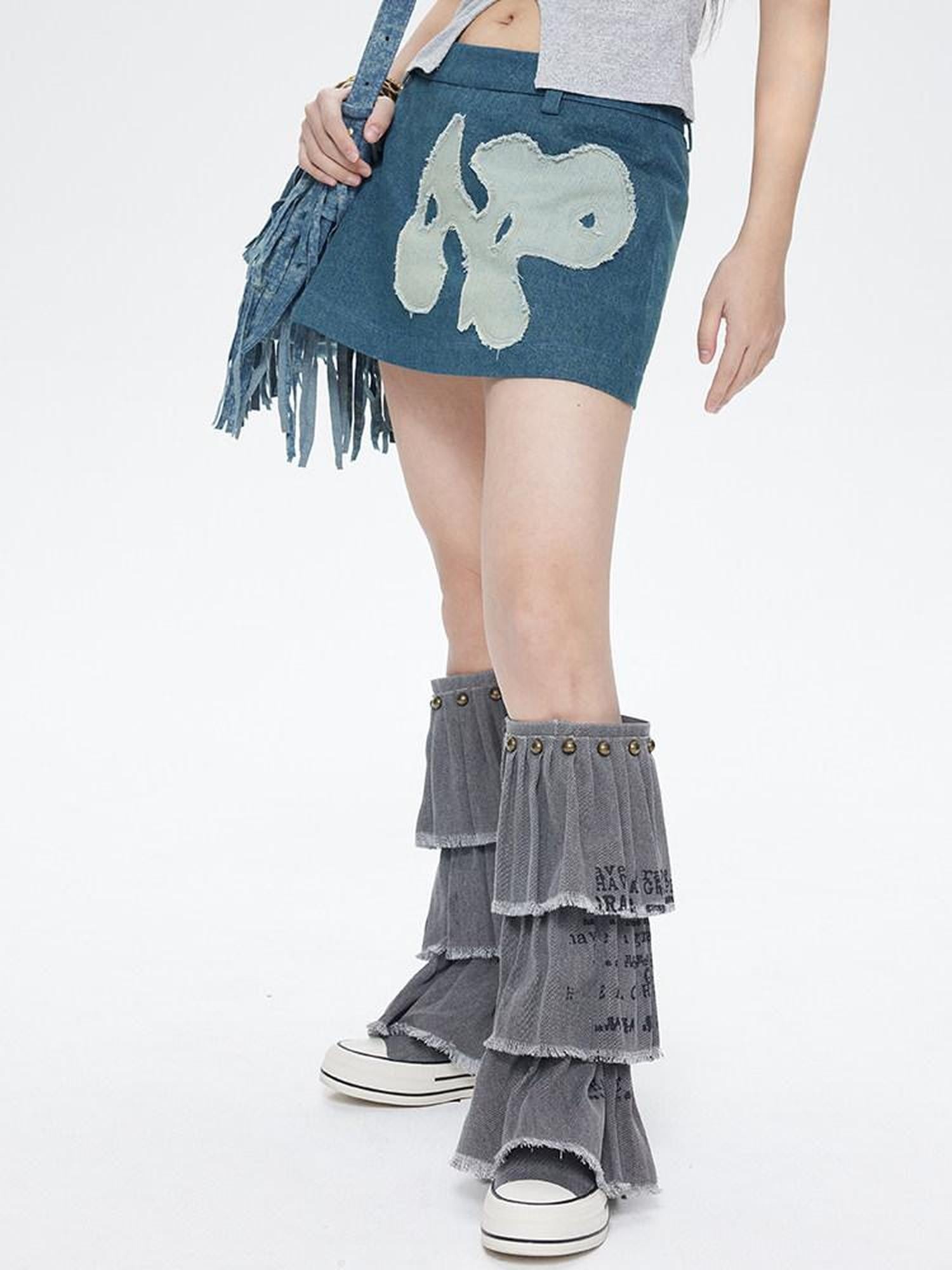 NextPassport MOF Vintage Blue Frayed Hem Dog Patch A Line Women's Denim Mini Skirts