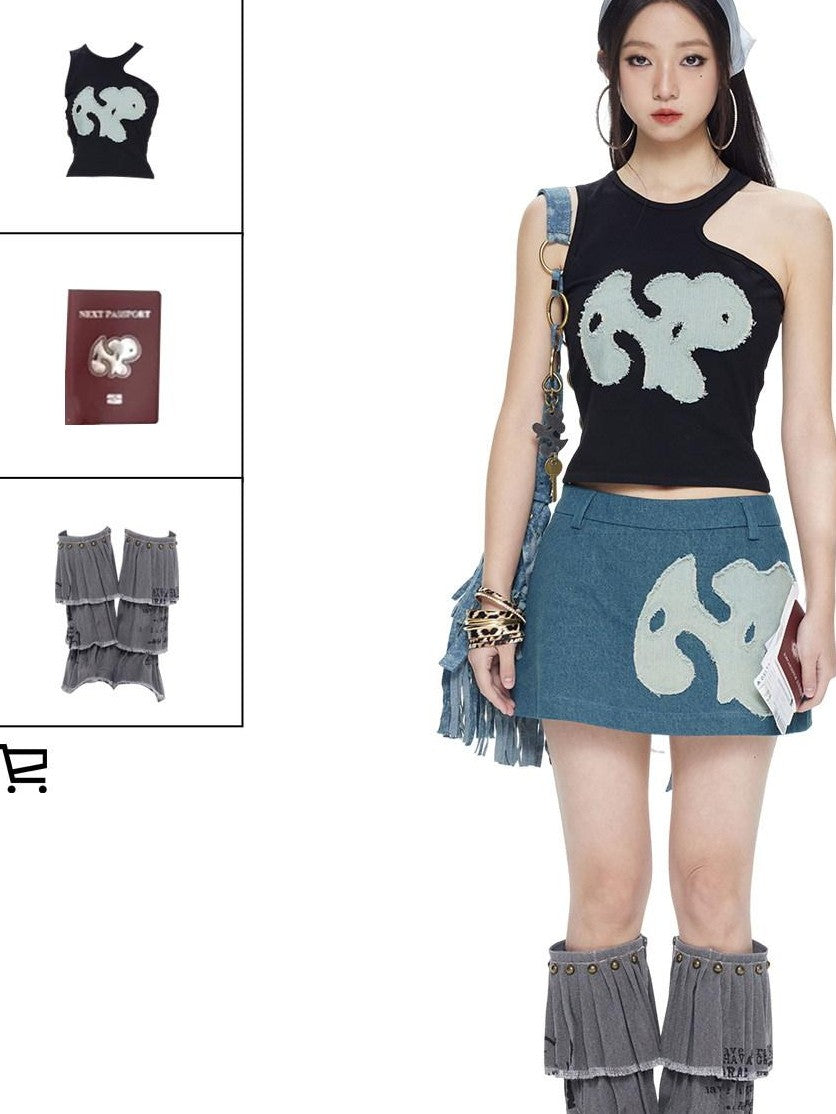 NextPassport MOF Vintage Blue Frayed Hem Dog Patch A Line Women's Denim Mini Skirts