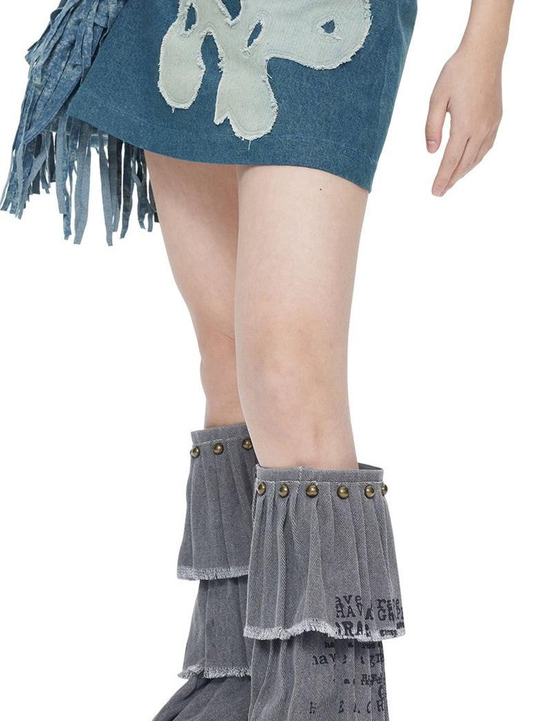 NextPassport MOF Vintage Blue Frayed Hem Dog Patch A Line Women's Denim Mini Skirts