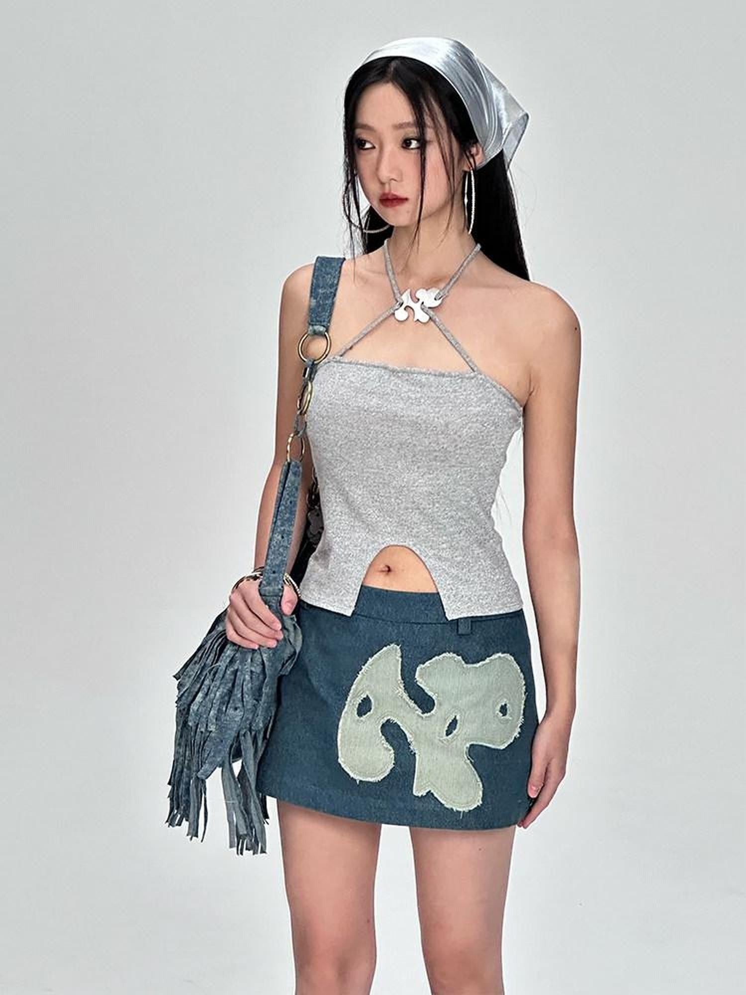 NextPassport MOF Vintage Blue Frayed Hem Dog Patch A Line Women's Denim Mini Skirts