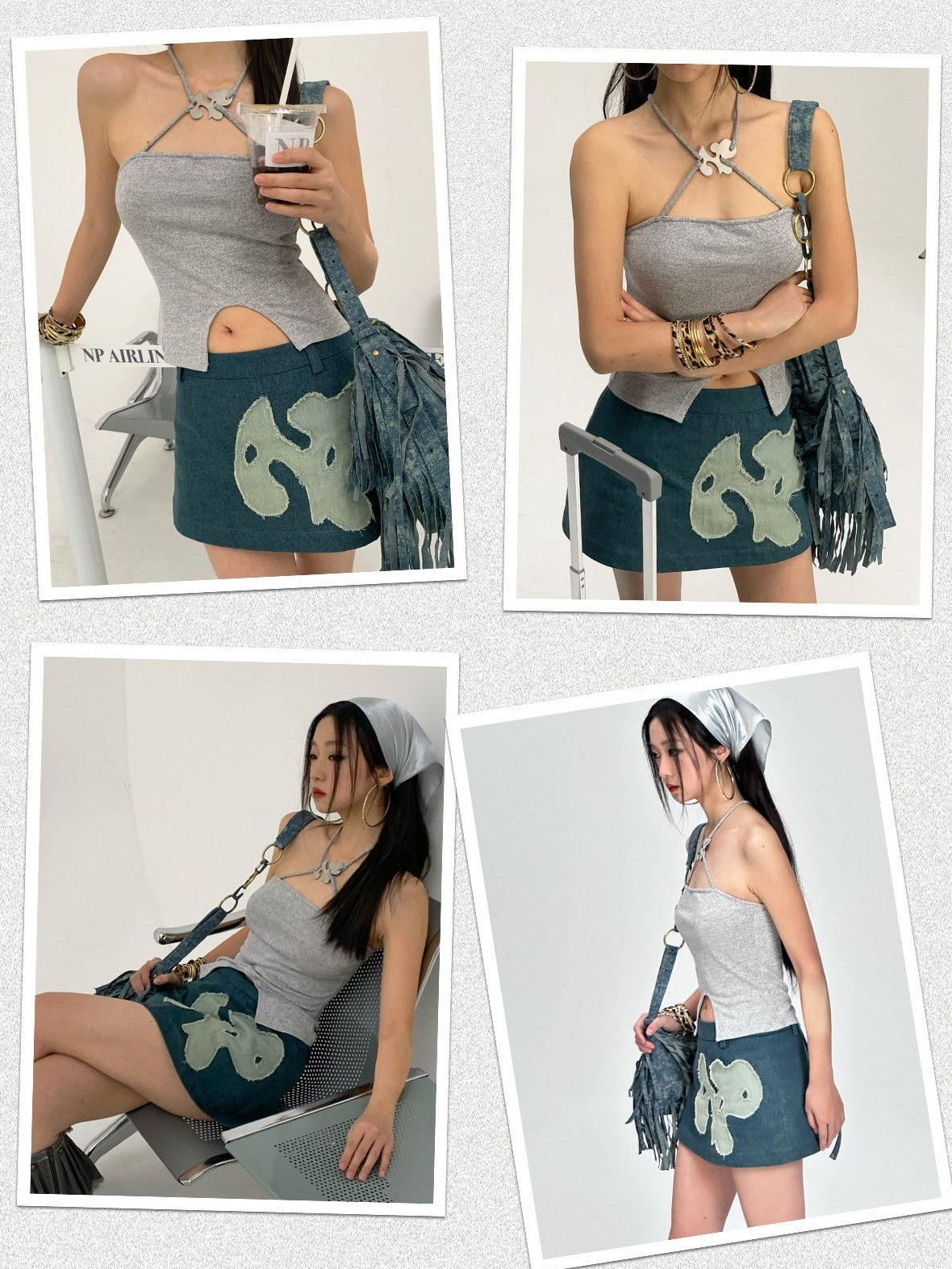 NextPassport MOF Vintage Blue Frayed Hem Dog Patch A Line Women's Denim Mini Skirts