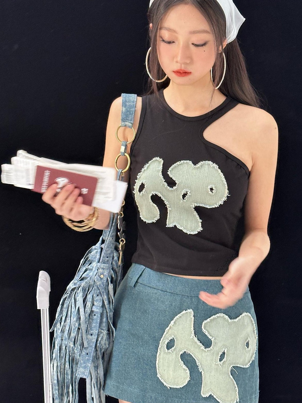 NextPassport MOF Vintage Blue Frayed Hem Dog Patch A Line Women's Denim Mini Skirts