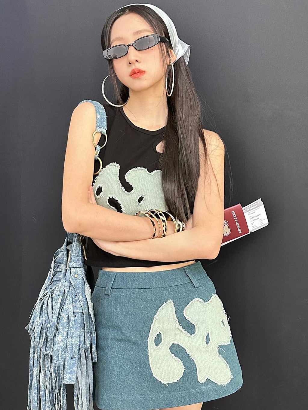 NextPassport MOF Vintage Blue Frayed Hem Dog Patch A Line Women's Denim Mini Skirts