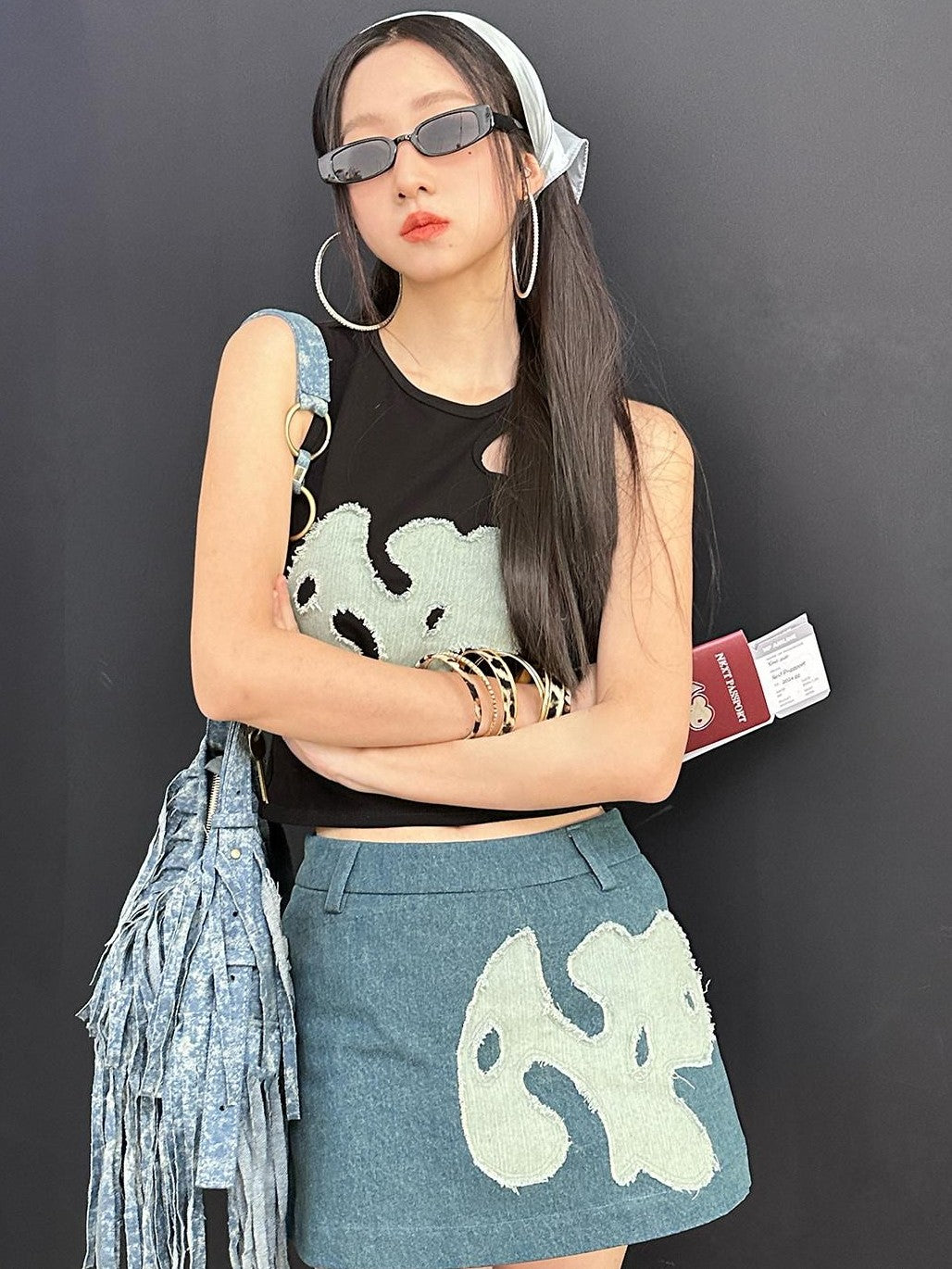 NextPassport MOF Vintage Blue Frayed Hem Dog Patch A Line Women's Denim Mini Skirts