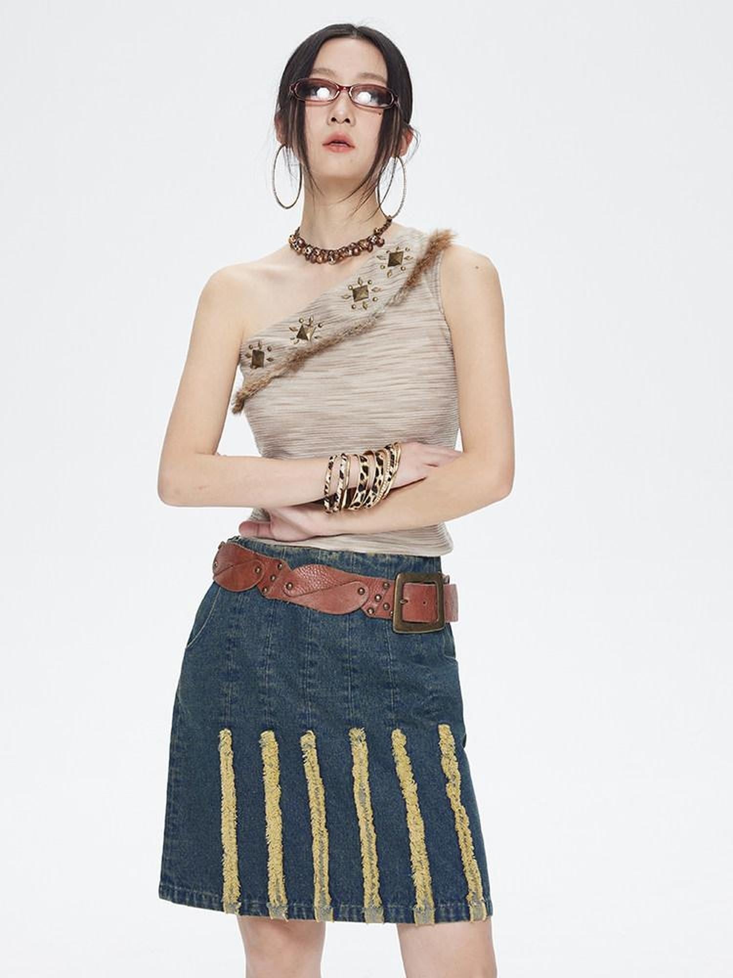 NextPassport MOF Vintage Blue Striped Distressed Frayed Hem A Line Women's Polyester Midi Skirts