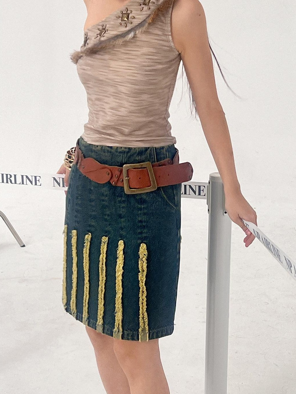 NextPassport MOF Vintage Blue Striped Distressed Frayed Hem A Line Women's Polyester Midi Skirts