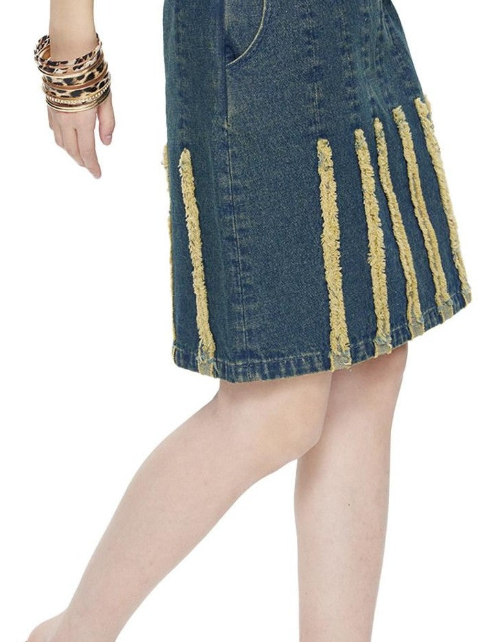 NextPassport MOF Vintage Blue Striped Distressed Frayed Hem A Line Women's Polyester Midi Skirts
